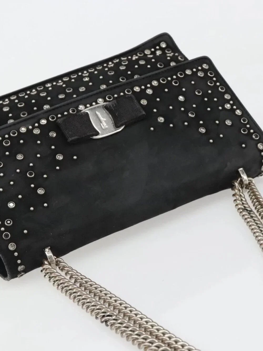 Salvatore Ferragamo Vala Chain Shoulder Bag Suede Black Silver Auth 187258A